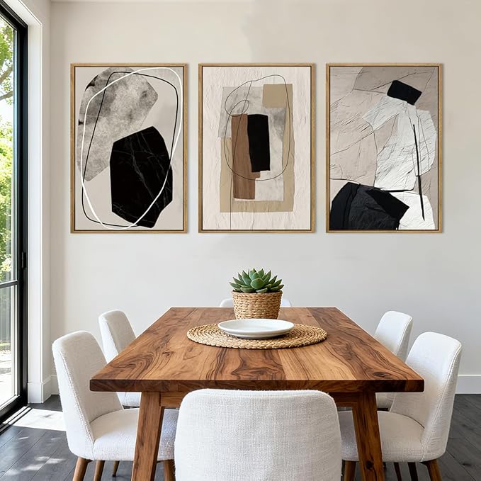 Anyzal Extra Large Abstract Neutral Framed Wall Art 24x36 Inch Black Modern Canvas Wall Decor Tan Grey Minimalist Artwork for Living Room Dining room Bedroom Set of 3
