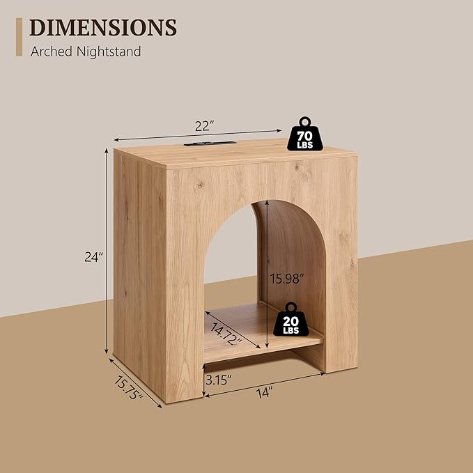 Arched End Table with Type-C Charging Station, 22" Modern Bedroom NightStand with Arched Open Shelf, Night Table with Outlet, USB, Type-C Port for Bedroom, Natural