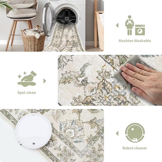 Round 8Ft Washable Area Rug,Vintage Floral Low Pile Non Slip Carpet Non-Shedding Rug Soft Stain Resistant Mat for Living Room Bedroom Beige and Sage Green