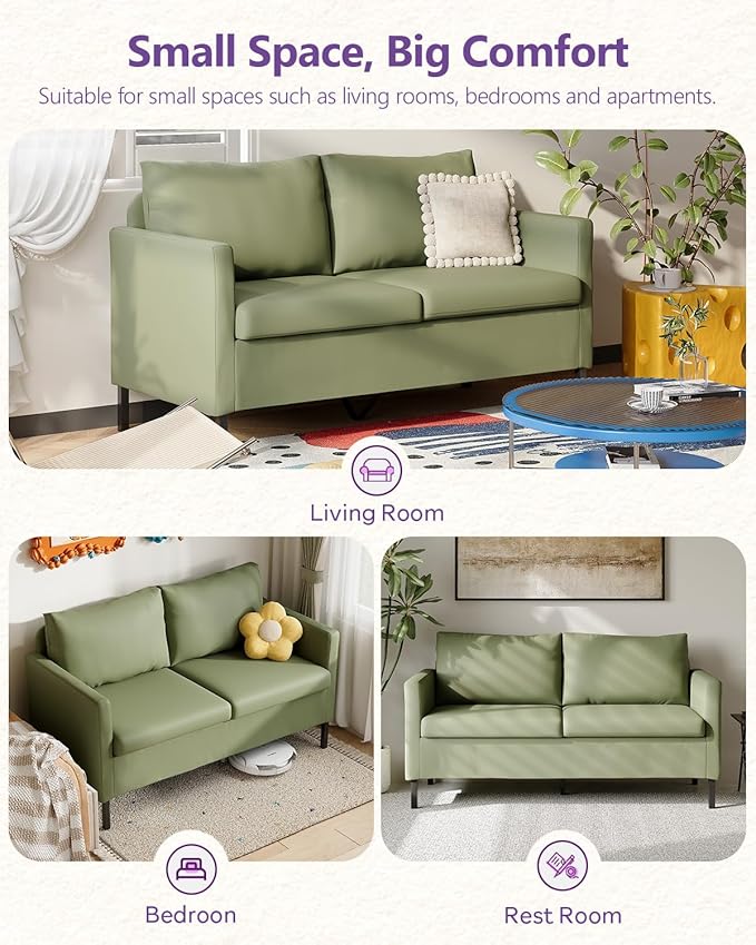 TYBOATLE Faux Leather Modern Small Couches for Small Spaces, Comfy Upholstered Love Seat for Bedroom, 2 Seater Mini Couch for Apartment, Dorm, Office, Green