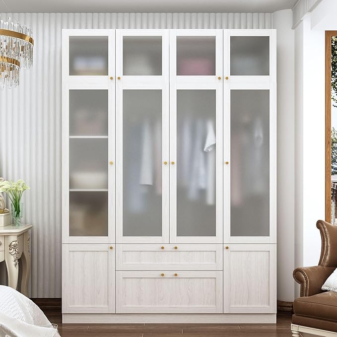 MOUMON 86.6" 4-Door Wardrobe Closet with Frosted Glass Doors & 2 Drawers, Double Hanging Rods & Shelves, Top Storage, Wide Armoire Closet Light Oak 63”W x 19.7”D x 86.6”H