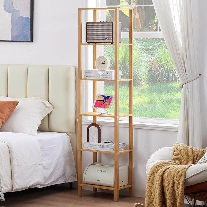 YUFAM 66in Tall Bookshelf 6-Tier Small Narrow Bookcase, Skinny Book Shelf for Small Space, Farmhouse Slim Shelf with Storage, Wood Freestanding Display Thin Bookshelves for Living Room, Natural