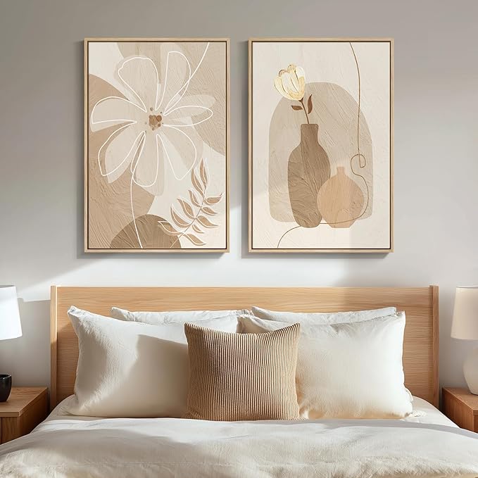Framed Neutral Boho Floral Wall Art for Bedroom, Set of 2 Flower and Vase Beige Artwork for Walls, Bohemian Minimalist Canvas Prints for Living Room Hallway Home Office Kitchen Wall Decor, 20x30 Inch