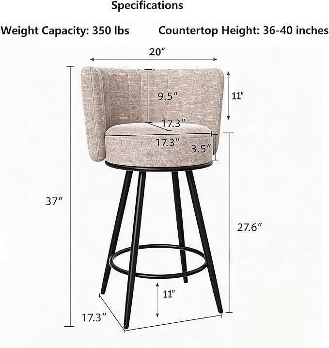 HONIFUR Bar Stools Set of 6, Counter Height Barstools with Back & Footrest Metal Legs, Counter Stools for Kitchen Island, Counter, Cafes, Dining Room (Swivel, Beige)