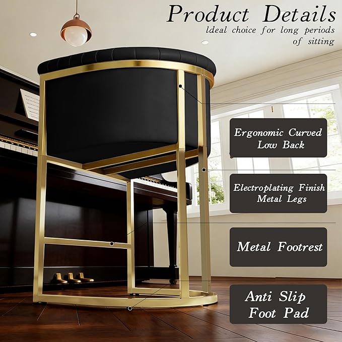 Modern Counter Height Bar Stools,Bar Stools Set of 3,PU Leather Upholstered Barrel Barstools with Backs and Arms,26'' Kitchen Island Chairs,Mirror Champagne Gold Base,Ink Black Leather