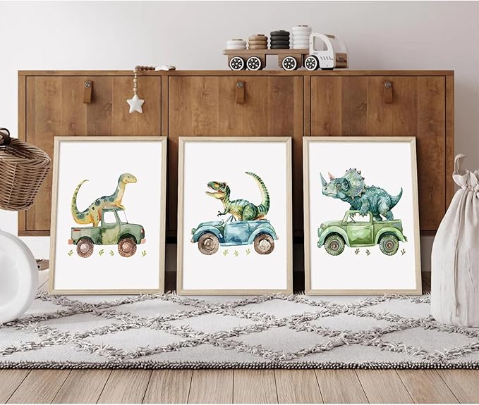 Dinosaur Nursery Wall Art Kids Canvas Poster Baby Boy Nursery Wall Decor Green Dino Pictures Toddler Prints Cartoon Dino Car Painting Boys Room Artwork for Bedroom Bathroom 16x24x3 Inch White Framed