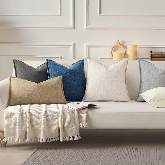 decorUhome Summer Decorative Throw Pillow Covers 12x20 Set of 2 Lumbar Faux Linen Outdoor Neutral Farmhouse Pillow Covers with Stitched Edge for Couch Sofa Living Room, Beige