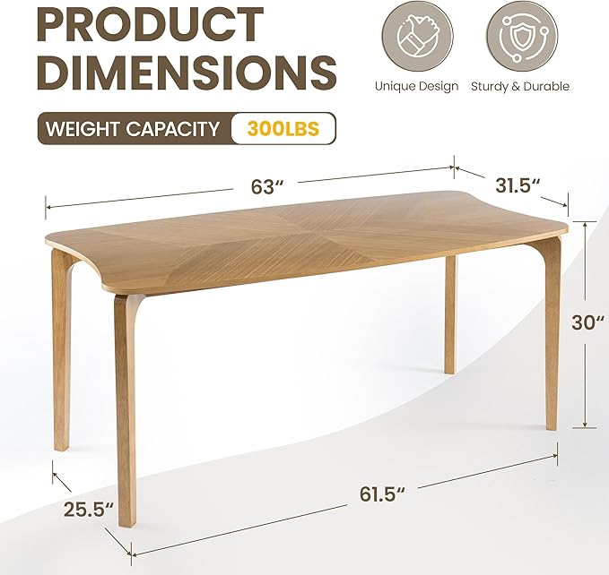 HNY Modern Curved Edge Dining Table, 63" Solid Wood Kitchen Table with Herringbone Pattern Mid-Century Rectangular Dinner Table for 6-9 People, Natural Oak Finish