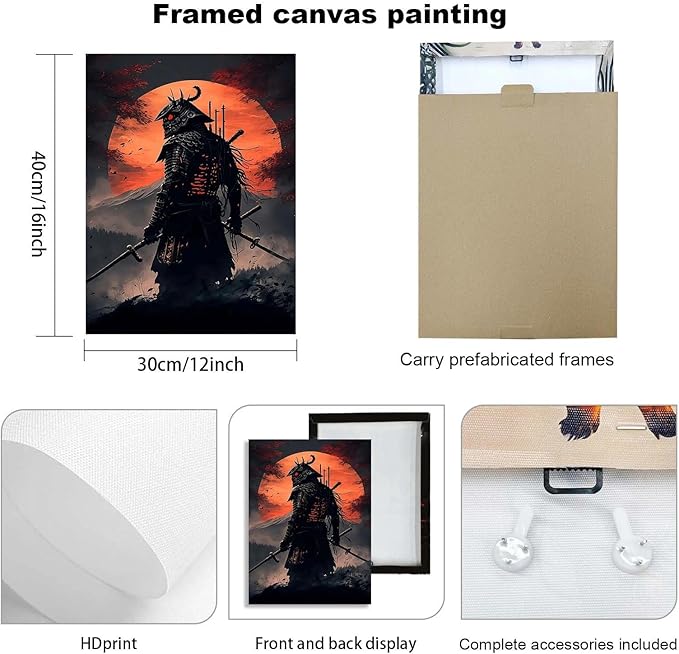 3 Piece Framed Canvas Wall Art, Modern Samurai Warrior Japanese Style Canvas Wall Decor with Red Moon, Set of 3 Wall Art for Living Room Bedroom Office Gaming Room, 12x16 Inch