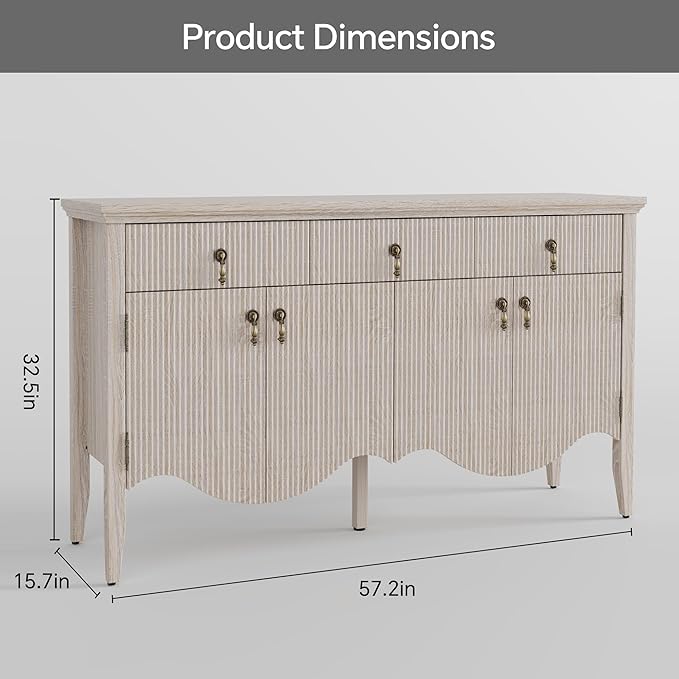 FUSUNBAO 57-Inch Sideboard Buffet Cabinet with 3 Drawers and 4 Doors, Vintage Fluted Sideboard with Scalloped Base, Vintage Storage Cabinet for Dining Room, Organic Modern Accent Cabinet, White Oak