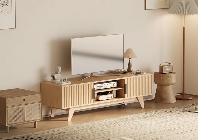 Claiks Mid-Century Modern TV Stand for 75 inch TV, Wood Fluted TV Stand with Storage and Adjustable Shelves, Low Profile TV Console for Living Room, Oak
