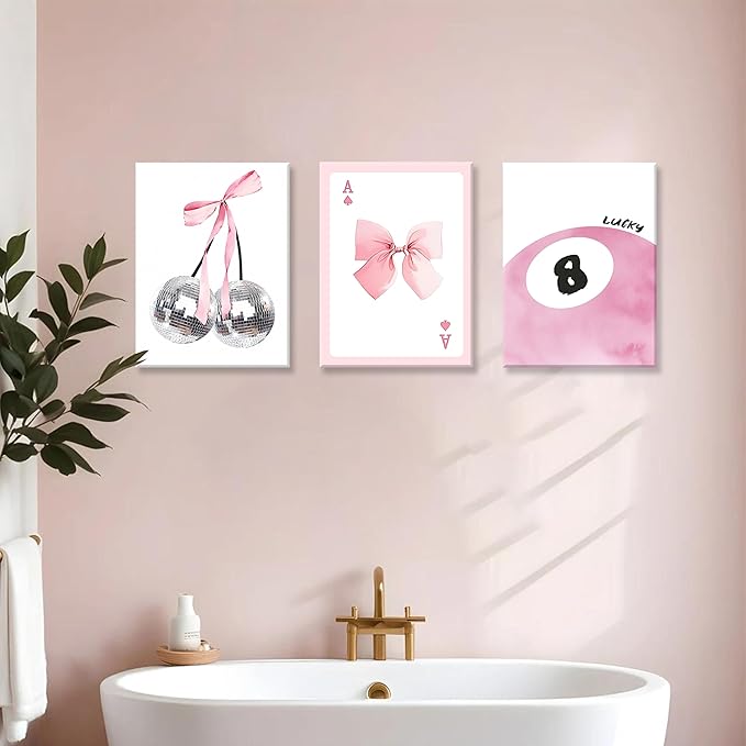 Framed Pink Canvas Wall Decor Set of 3, Pink Bow Wall Art Oil Painting, Girls Preppy Room Decor Picture, Trendy Disco Ball Print Poster for Teen Girl Apartment Bedroom Living Room Aesthetic 12x16 Inch