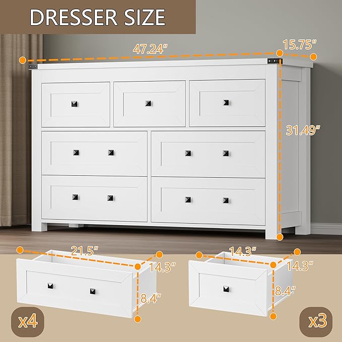 BORNOON 7-Drawer Dresser, Modern Wooden Storage Chest of Drawers, Dresser TV Stand, Wood Drawer Organizer with Metal Handles for Bedroom, Living Room, Hallway