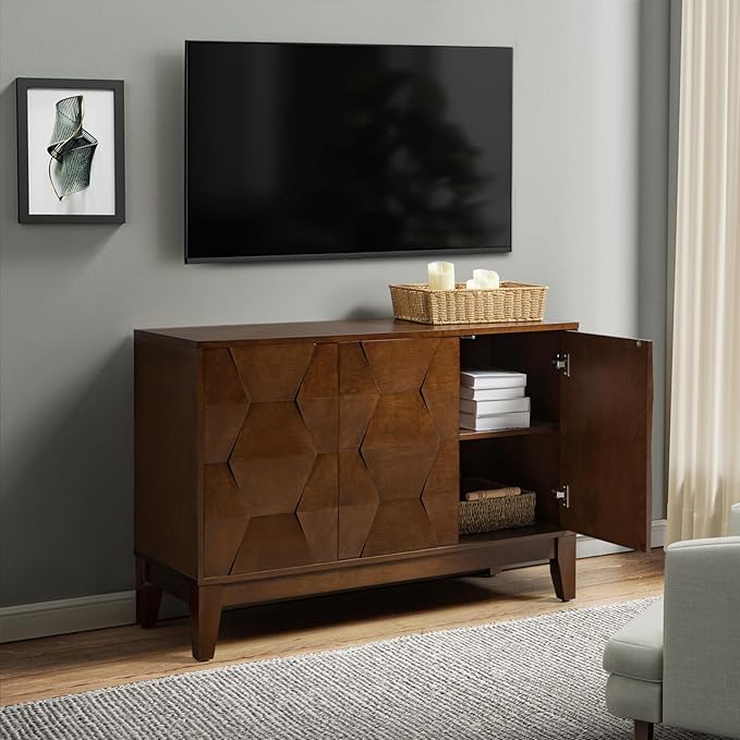 HULALA HOME Modern Kitchen Buffet Cabinet Storage Sideboard with 3D Geometric Design, Freestanding Floor Cabinet with 3 Doors & 2 Adjustable Interior Shelves for Living Room Dining Room Hallway,Walnut