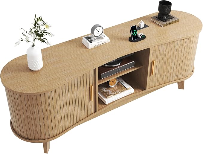 Mid Century Modern TV Stand for 65 Inch TVs, Fluted TV Stands with Open Shelves and Sliding Door, Media Cabinet with Power Outlet, Entertainment Center with Storage for Living Room, Natural
