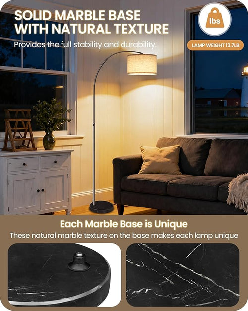 75" Arc Floor Lamp with Marble Base and Adjustable Height, Rotating Hanging Shade, Dimmable Floor Lamp for Living Room with Remote and Foot Switch, 3CCT, Over Couch Arched Reading Light E15LD05