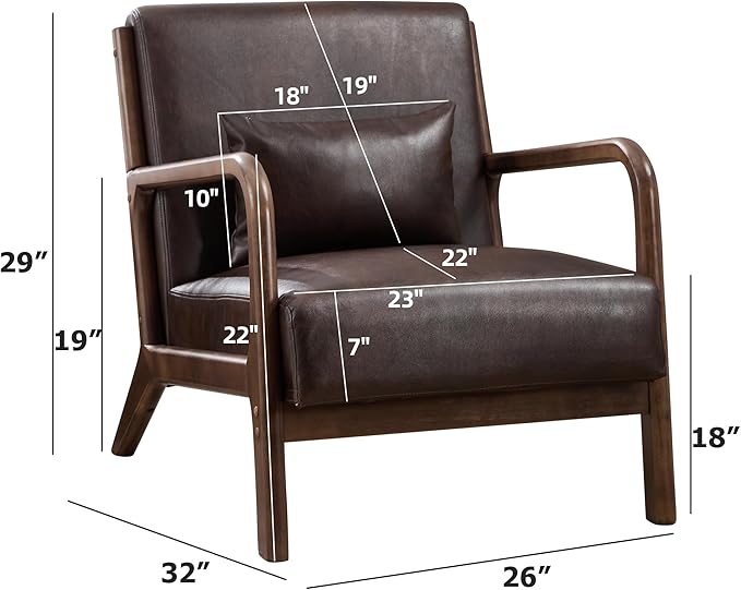 INZOY Mid Century Modern Accent Chair with Wood Frame, Upholstered Reading Armchair with PU Leather, Accent Chair for Living Room Bedroom Apartment, Easy Assembly, Chocolate Brown
