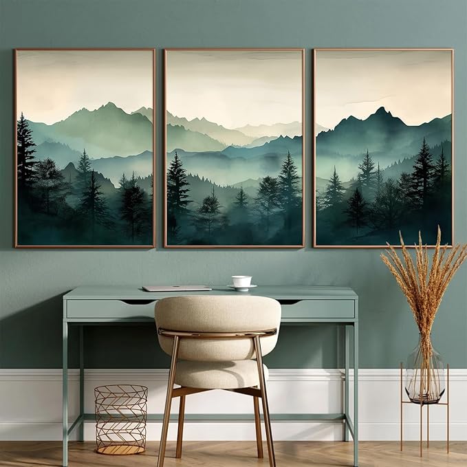 Mountain Wall Art Decor Set of 3 Sage Green Forest Canvas Wall Art Prints Nature Landscape Wall Decor Watercolor Pine Tree Pictures Abstract Modern Painting for Living Room Bedroom 12x16 Inch Unframed