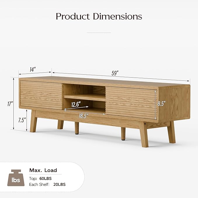 TOLEAD 59" Mid Century Modern TV Stand for TVs up to 65 Inch, Low Profile Entertainment Center with Fluted Sliding Doors & Storage, Wood TV Console Table for Living Room, Oak