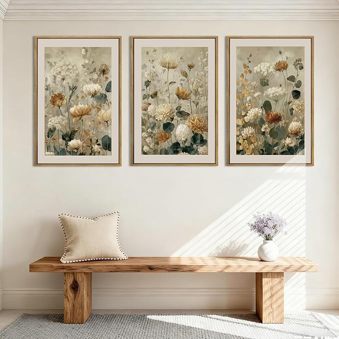Anyzal Large Neutral Wildflower Framed Wall Art 16x24 Inch Vintage Classic Floral Canvas Wall Decor Mid-century Modern Botanical Art Prints for Living Room Bedroom Dining room