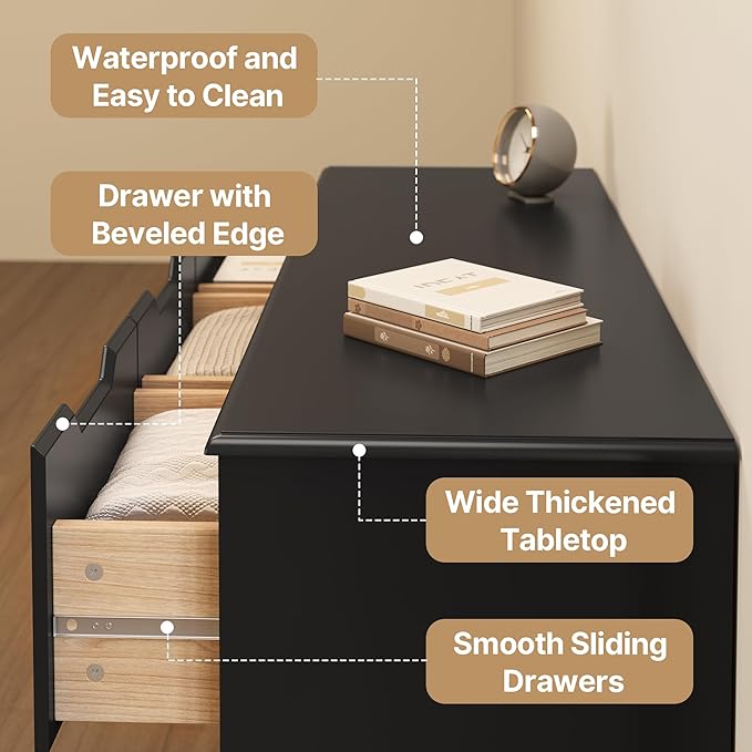Gizoon 7 Drawer Dresser, 48" Wide Wood Chest of Drawers for Bedroom, Black Modern Storage Organizer, Handle Free Design, Living Room, Kids Room, Entryway, Hallway, Black