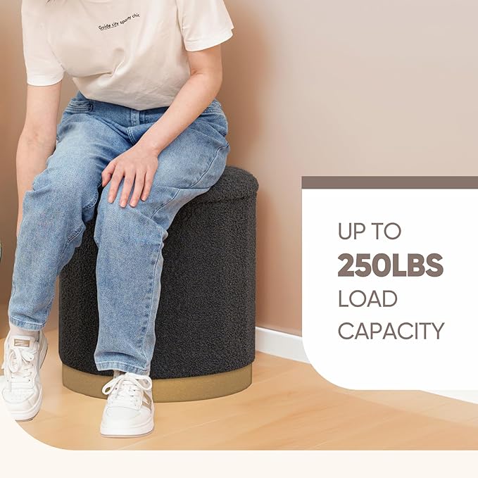 B FSOBEIIALEO Ottoman with Stroage, Round Boucle Storage Ottoman with Gold Plating Base,Foot Rest Stool for Dorm Room, Living Room Dark Grey, 16.73"x16.73"x17.72"