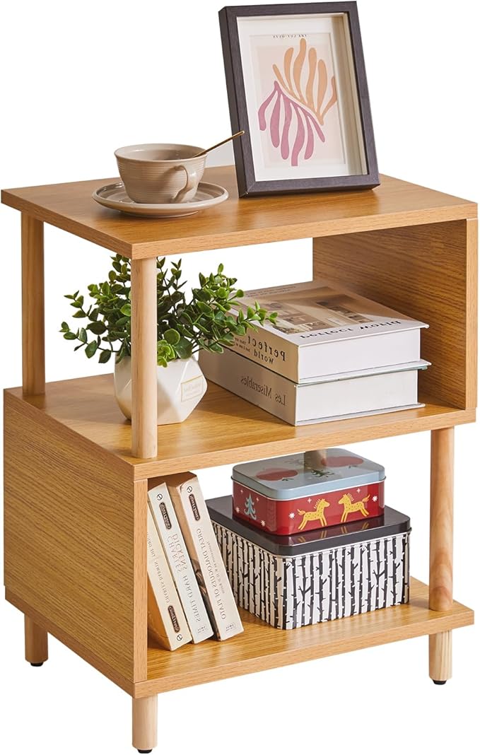 Aibiju Wooden Night Stand with Open Shelf, Nightstand with Solid Wood Legs, S-Shaped Bed Side Table 3 Tier, End Table Natural Wood YD-TM152N