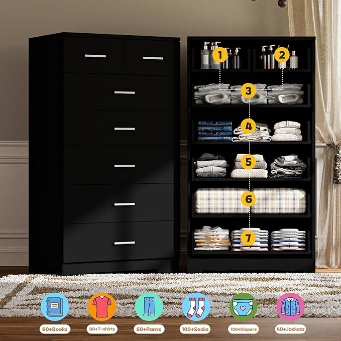 FJTJBSI 47.3" Tall Dresser for Bedroom Chests of Drawers with Charging Station 7 Drawer Dressers with Metal Slide Rail Modern Wood Closet Organizer with Large Storage for Home Office Entryway