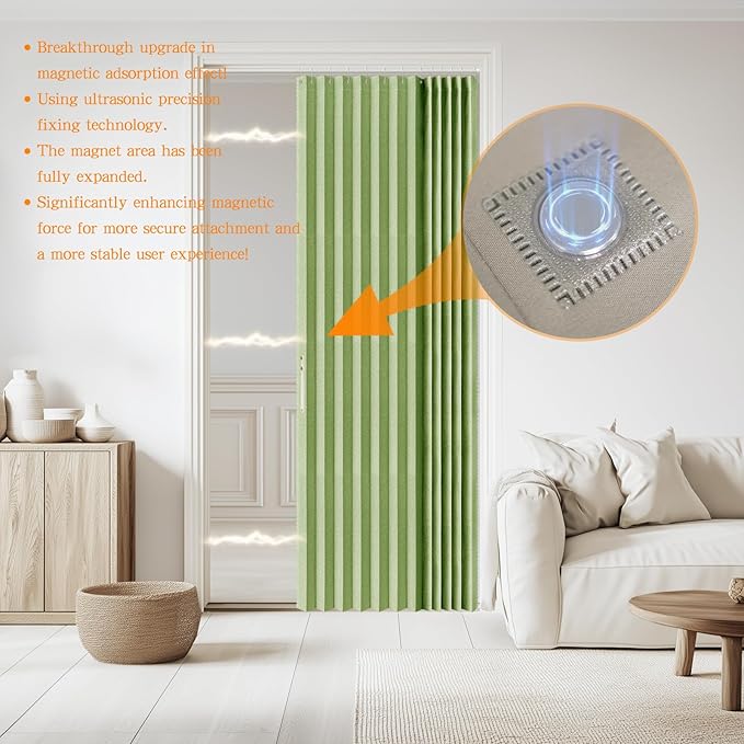 Jilron Accordian Door Curtain, 100% Blackout Folding Magnetic Doorway Curtains,Linen Style Closet Doors,for Room Divider,Privacy Protection（W52 x L78,Green,1 Panel）