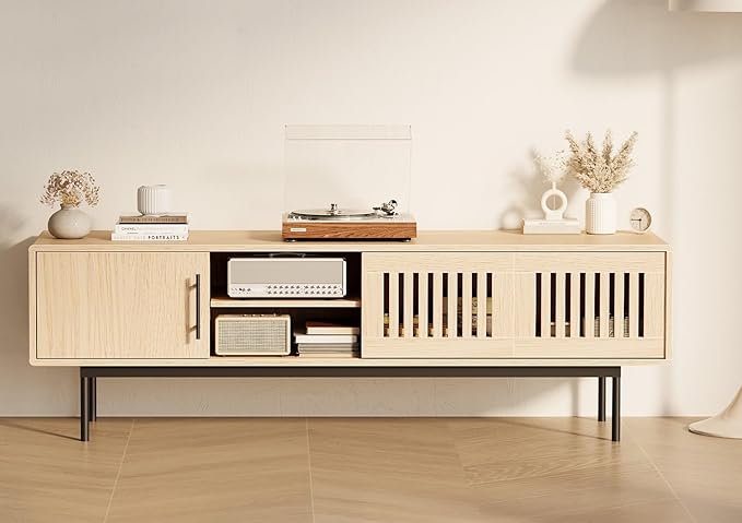 Claiks Mid Century Modern TV Stand for TV up to 70 inch, Entertainment Center with Sliding Barn Doors & Adjustable Shelve, Retro Low Profile Media Console TV Table for Living Room, Natural Oak
