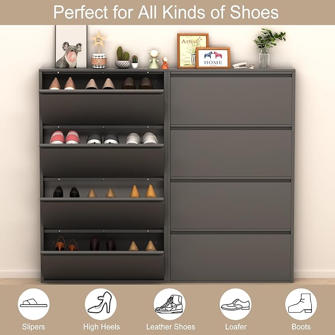 LUCYPAL Shoe Cabinet with 4 Flip Drawers,Slim Shoe Storage Cabinets for Entryway,Black Narrow Wall Shoe Cabinet for Hallway,Living Room, Bedroom
