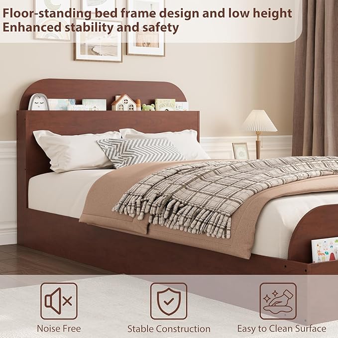 GarveeHome Twin XL Size Bed Frame, Wooden Beds with Storage Headboard and Raised-Foodboard, Twin XL-Floor Low Platform Bed for Bedroom, Sturdy Wooden Slats Support, No Box Spring Needed, Espresso