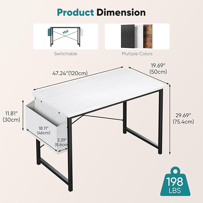 OLIXIS Computer Desk 47 Inch Home Office Desks for Small Spaces, Gaming Writing Study Work Table with Storage Bag and Headphone Hook for Bedroom, White