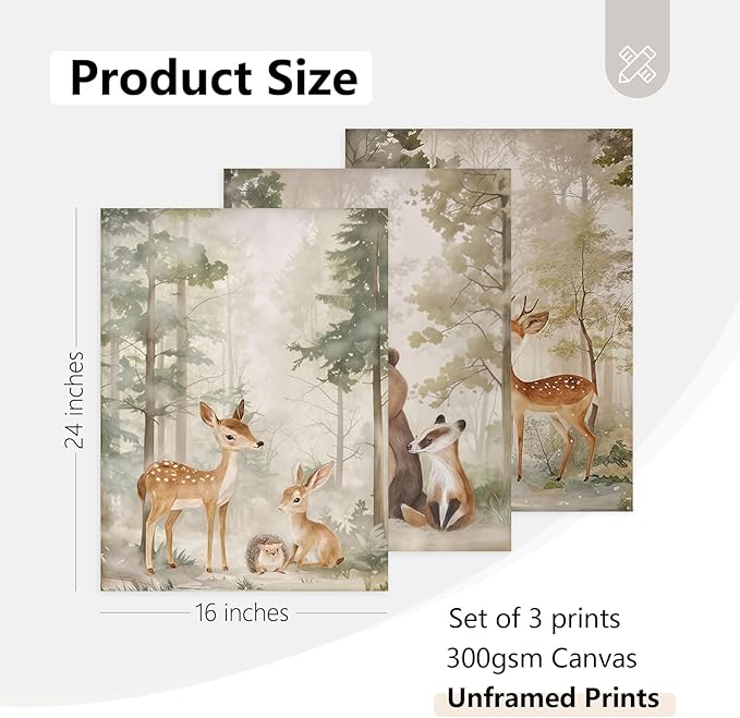 Tocliky Woodland Nursery Wall Art Decor Animal Forest Canvas Prints Baby Boy Room Wall Decor Bear Nursery Nature Pictures Deer Prints Artwork for Boy Girl Kids Bedroom 16x24 Inch Unframed Set of 3
