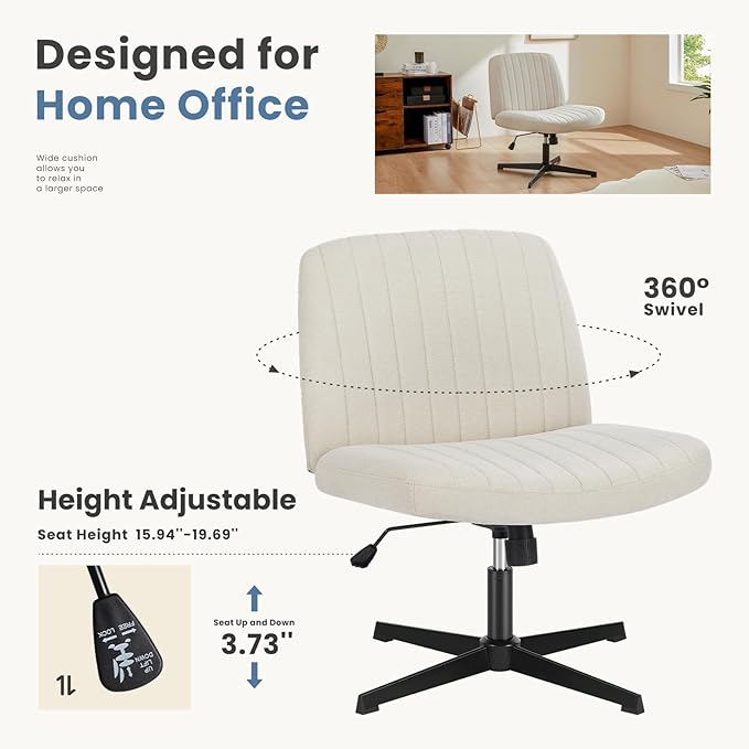 DUMOS Criss Cross Chair Legged Office Wide Comfy Desk Seat, No Wheels Armless Computer Task Seating, Swivel Comfy Vanity Fabric Modern Home Height Adjustable