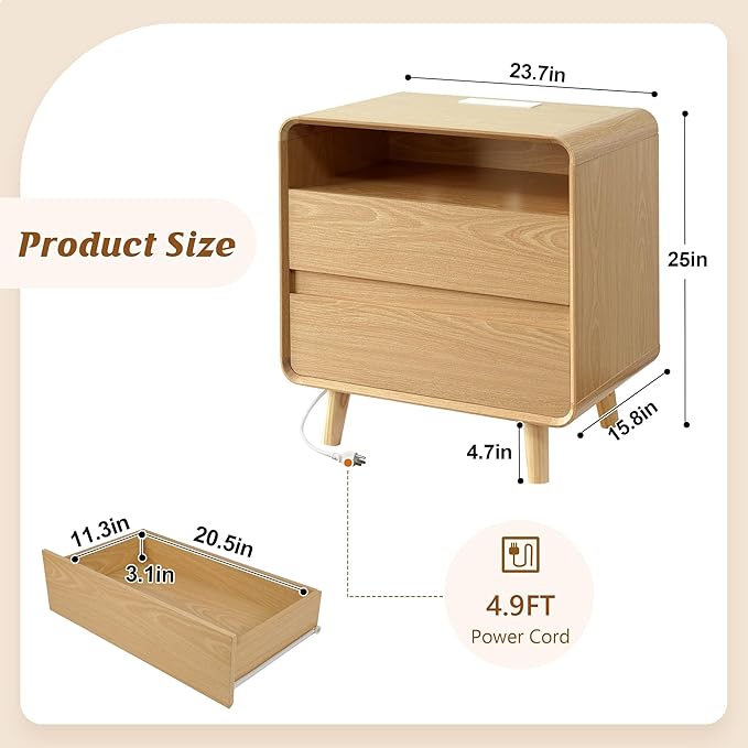 Nasonet Modern Nightstands Set of 2 with Charging Station, Wood End Table Bedroom Nightstands with Drawers, Wide Curved Bedside Table Set 2for Kids Bedroom, Living Room, Oak