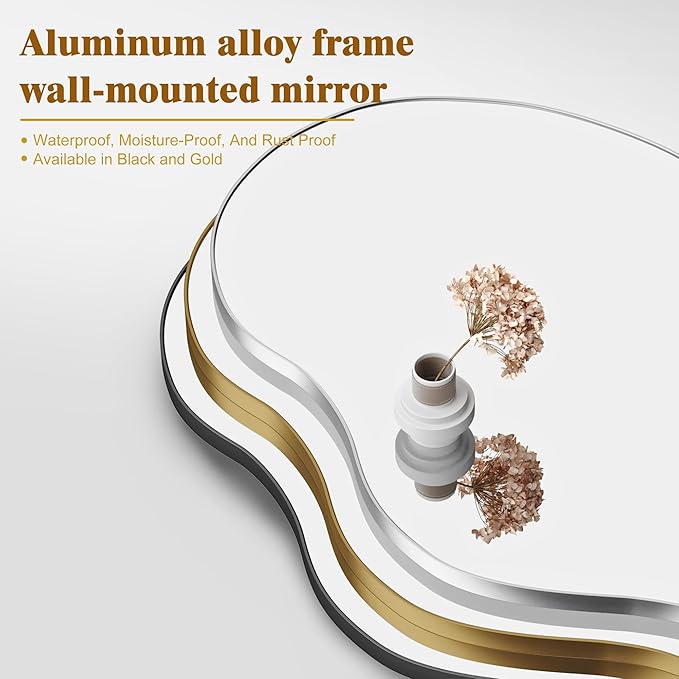 Itrue 26×46 Inch Gold Framed Irregular Tempered Glass Wall Mirror, Asymmetrical Vanity Mirror for Bathroom, Bedroom, Entryway