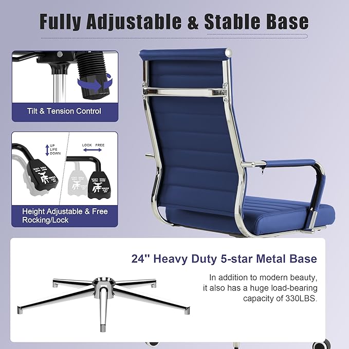 Okeysen Navy Blue Office Desk Chair, Ergonomic Leather Modern Conference Room Chairs, Executive Ribbed Height Adjustable Swivel Rolling Chair for Home Office.