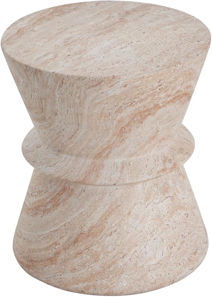 KEVINSPACE Small Side Coffee Table Outdoor MGO Round Travertine Finish Hourglass End Living Room Accent Sofa Bedside Couch Table Bedroom Apartment Indoor 15.5" W x18 H Lightweight Beige Concrete