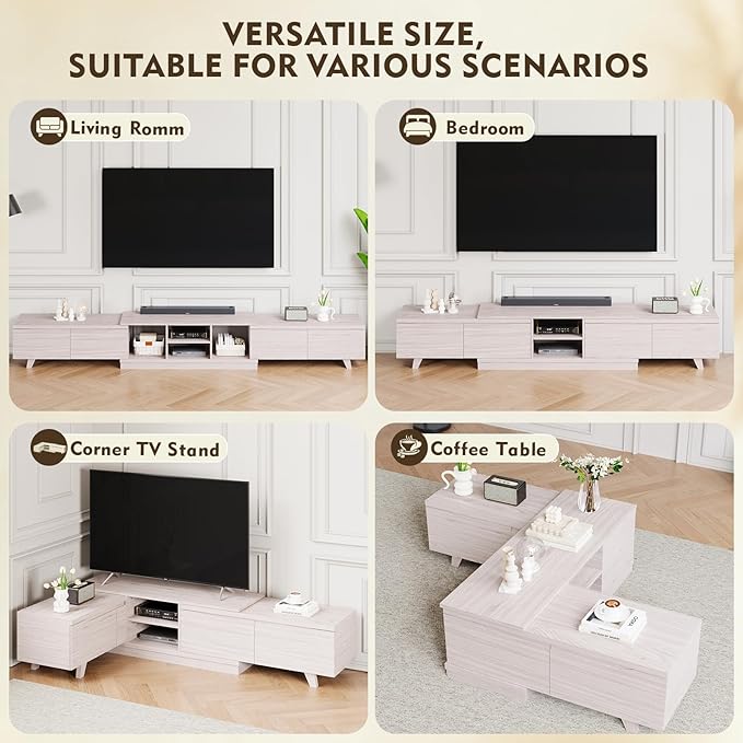 MEISSALIVVE Extendable TV Stand for Up to 120 Inch TV, Modern Entertainment Center with 4 Drawers & 2 Storage Compartments, Adjustable Length (95"-121"), TV Consoles for Living Room & Bedroom (White)
