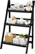 oakvivo 39.4" Foldable Plant Shelf Ladder Shelf, 3 Tier Bamboo Ladder Flower Pot Display Shelf, Freestanding Ladder Bookshelf for Garden, Balcony, Yard, Living Room, 23.6" W x 15" D x 39.4" H, Black