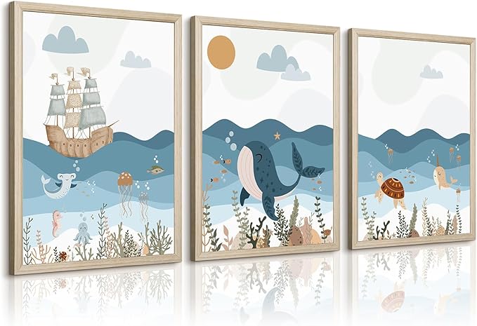 Ocean Nursery Wall Art Pictures Blue Nautical Canvas Art Beach Animal Wall Decor Baby Boys Room Wall Art Sea Whale Prints Ocean Nautical Poster for Nursery Baby Room 16x24 Inch Set of 3 Wood Framed