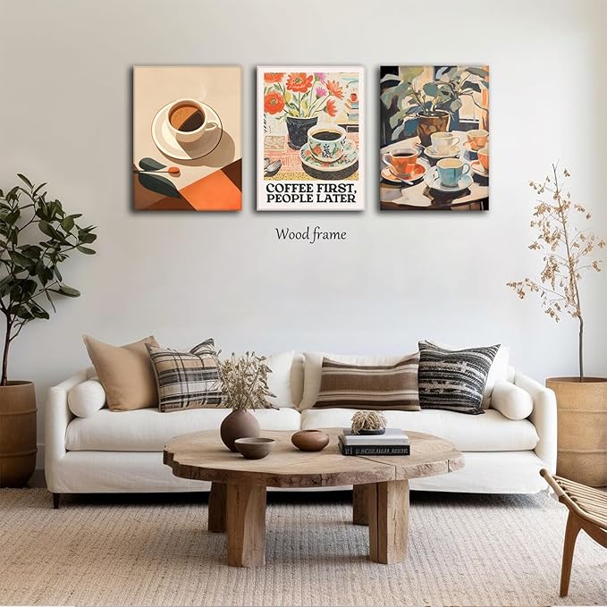 Vintage Coffee Kitchen Canvas Wall Art Set of 3, Fashion Aesthetic Flowers Espresso Poster Picture, Simple Travel Drinks Wall Decor Painting Prints for Dining Room Cafe Bar 16x24 Inch Framed