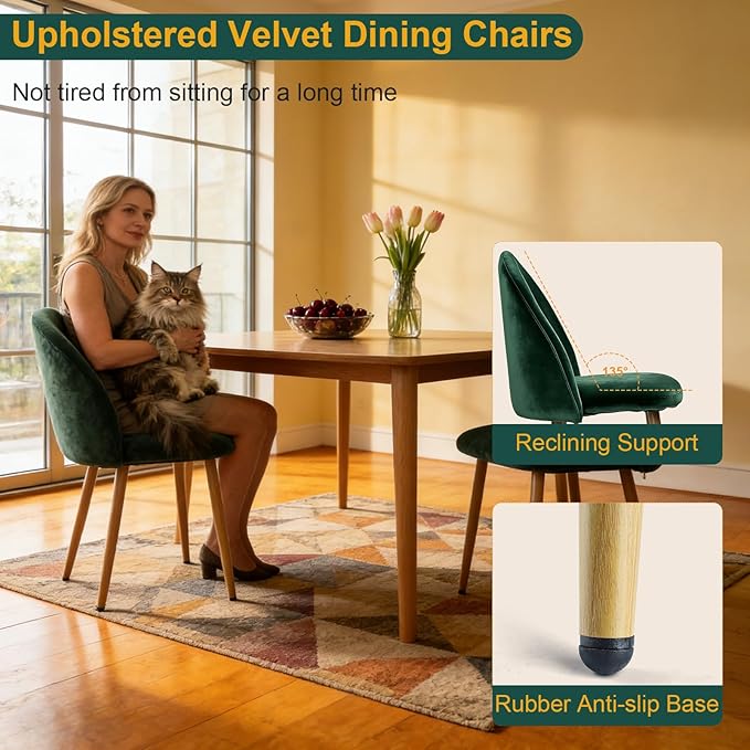 Dining Chairs Set of 2, Velvet Comfortable Seats, Mid-Century Modern Living Room Chairs, Upholstered Kitchen Chairs with Wooden Legs and Padded Seat for Bedroom Office Easy Assembly, Green