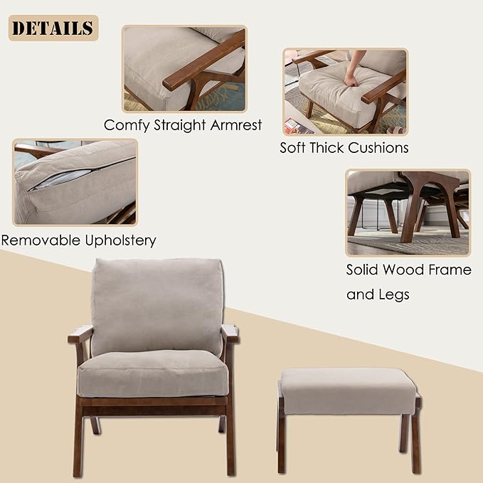 chairus Mid-Century Modern Accent Chairs with Ottomans Set of 2, Comfy Upholstered Lounge Armchairs with Solid Wood Frame, Reading Chairs for Living Room Bedroom Office, Beige Denim Fabric