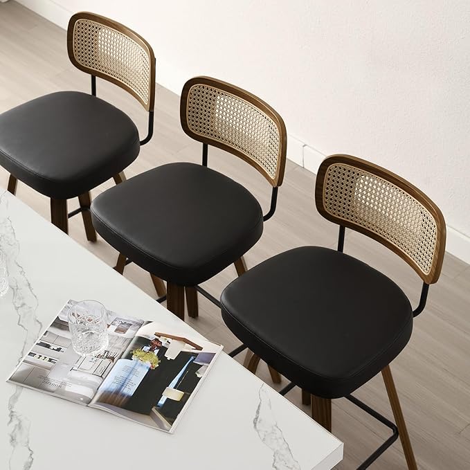 Bekrvio Swivel Counter Height Bar Stools Set of 4, Upholstered Faux Leather Barstools with Rattan Back, 26" Seat Height Bar Chairs for Kitchen Island, Bentwood Wood Frame, Black