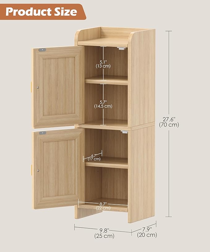 Akxomel Rattan Small Bathroom Cabinet with 2 Doors, 7.9''D x 9.8''W Narrow Toilet Paper Storage Cabinet, Bathroom Organizer for Small Spaces, Wooden Slim Corner Unit with Adjustable Shelf, Natural Oak