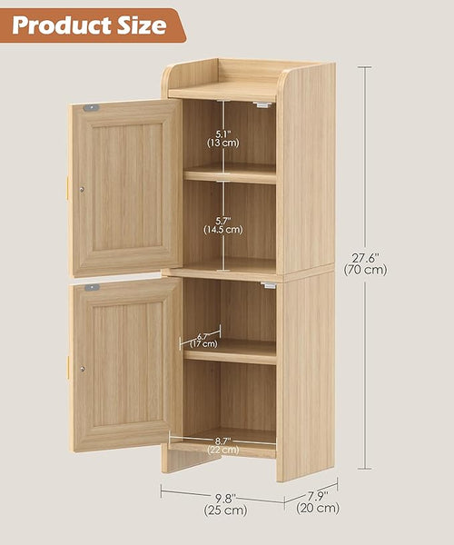 Akxomel Rattan Small Bathroom Cabinet with 2 Doors, 7.9''D x 9.8''W Narrow Toilet Paper Storage Cabinet, Bathroom Organizer for Small Spaces, Wooden Slim Corner Unit with Adjustable Shelf, Natural Oak