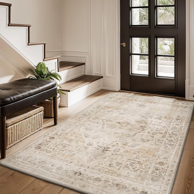 AMOAMI-3X5 Area Rug-Soft Washable Vintage Throw Accent Rugs for Living Room, Entryway, Bedroom, Kitchen, Bathroom, Laundry Room, Kitchen, Bathroom, Bedside, No Slip Beige