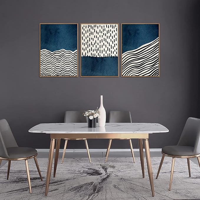 Framed Wall Art Canvas Set Mid Century Boho Picture Modern Abstract Geometric Lines Wall Decor Minimalist Black Indigo Canvas Painting Artwork Living Room Bedroom Home Office 20"x28"x3 Natural